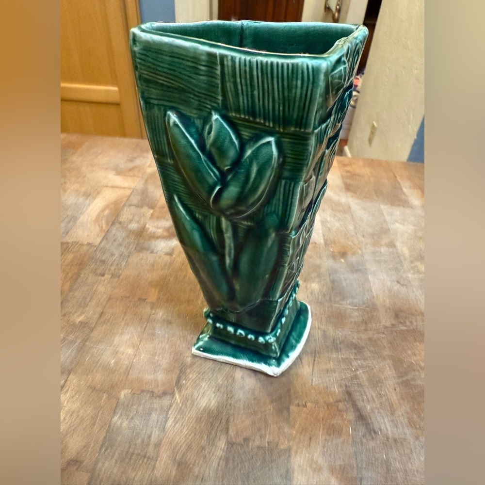 Vintage Mid Century Pottery Ceramic Glossy Green Unique Shape Fish Stamp Vase